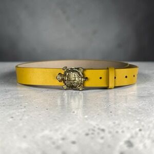 Another Line Womens Yellow Leather Belt Medium Gold Turtle Buckle Boho